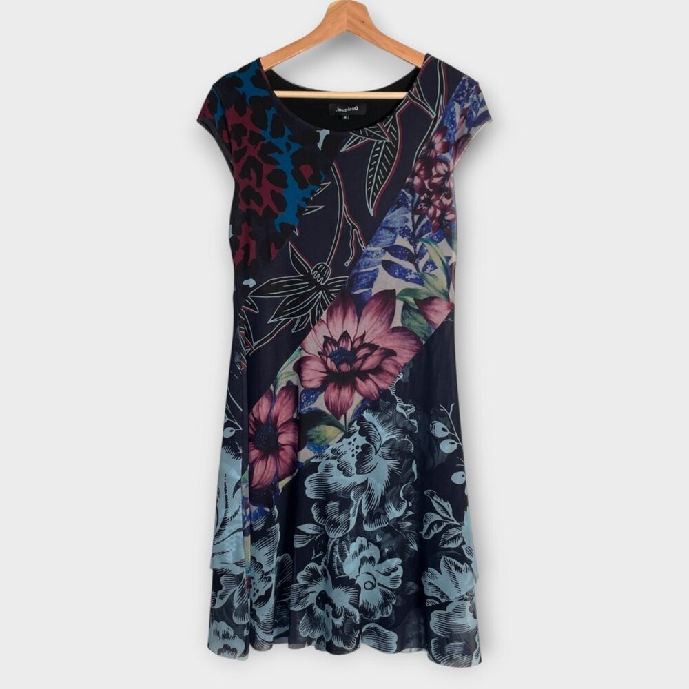 DESIGUAL Mesh Overlay Dress MEDIUM Blue Floral EUC